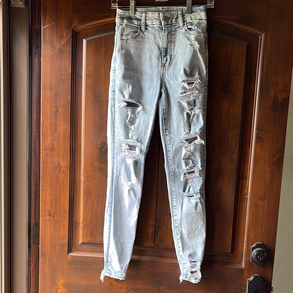 American Eagle Outfitters Blue Skinny Jeans with Distressed Details